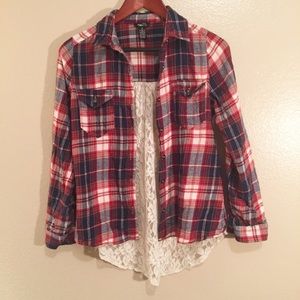 Rue21 Red Plaid Button Up w/ Lace on Back